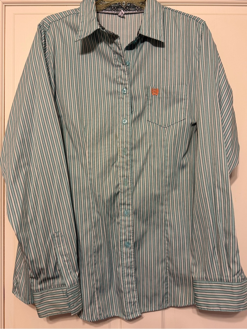 Cinch Women’s Teal and White Striped Button-Down Shirt